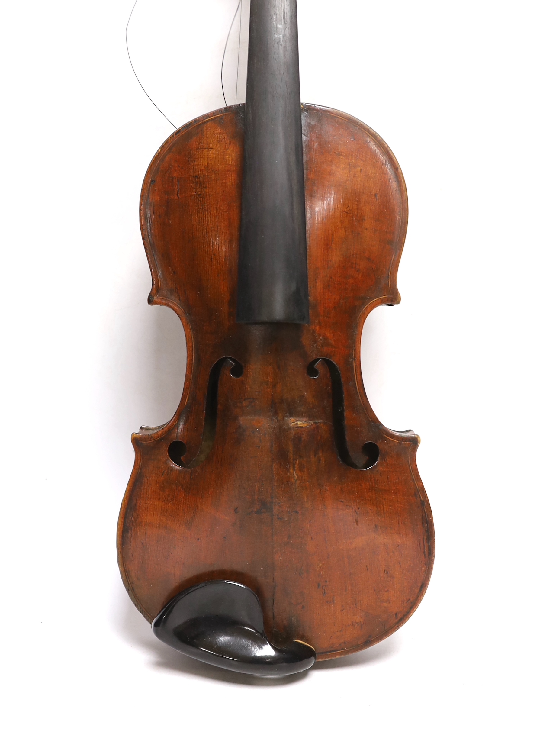 A violin labelled 'Albani Palermo', cased, length of back 35.5cm